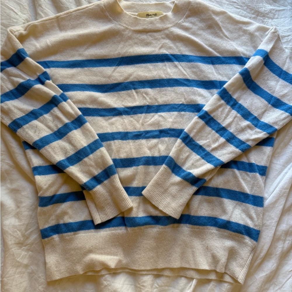 Blue and Cream Striped 100% Cashmere Madewell Sweater